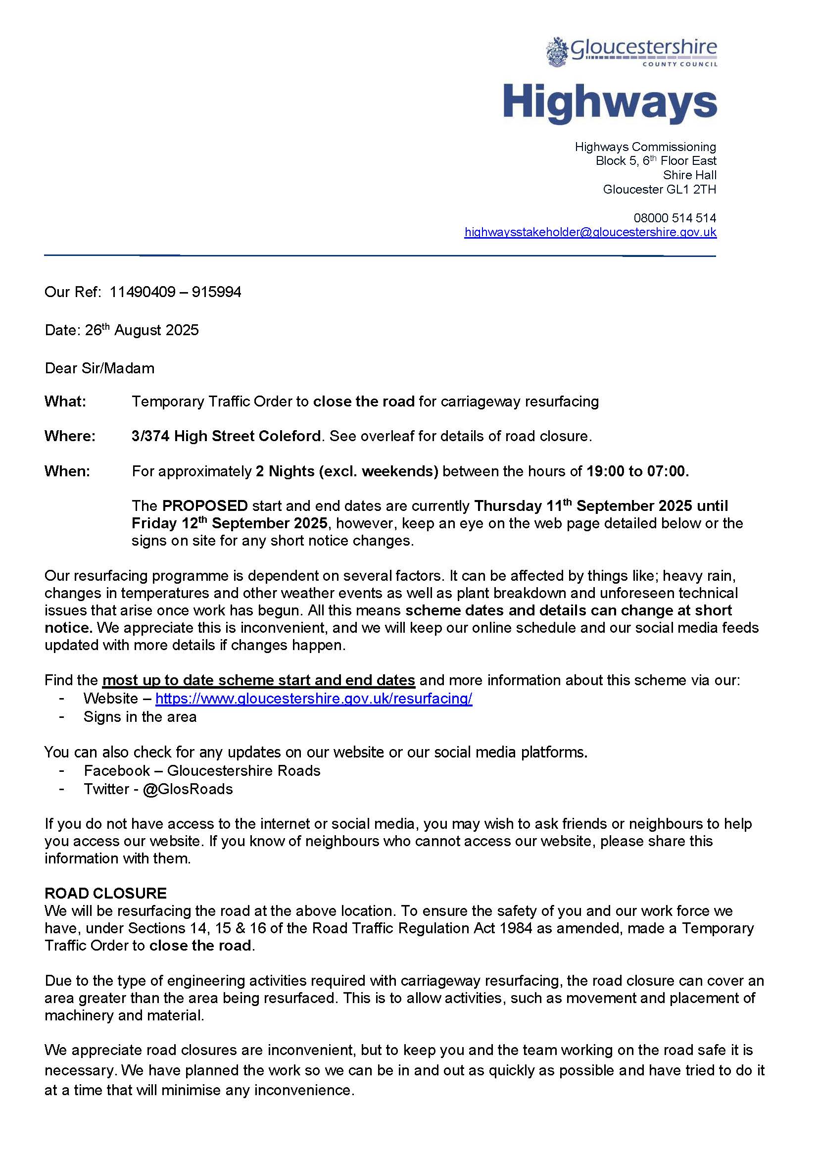 Highways: High Street Coleford resurfacing starting 11th September – NIGHT WORKS.